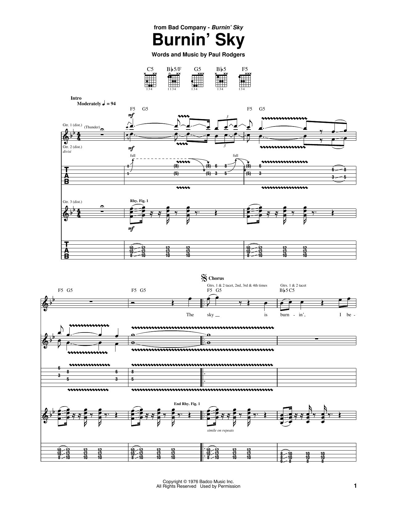 Download Bad Company Burnin' Sky Sheet Music and learn how to play Guitar Tab PDF digital score in minutes