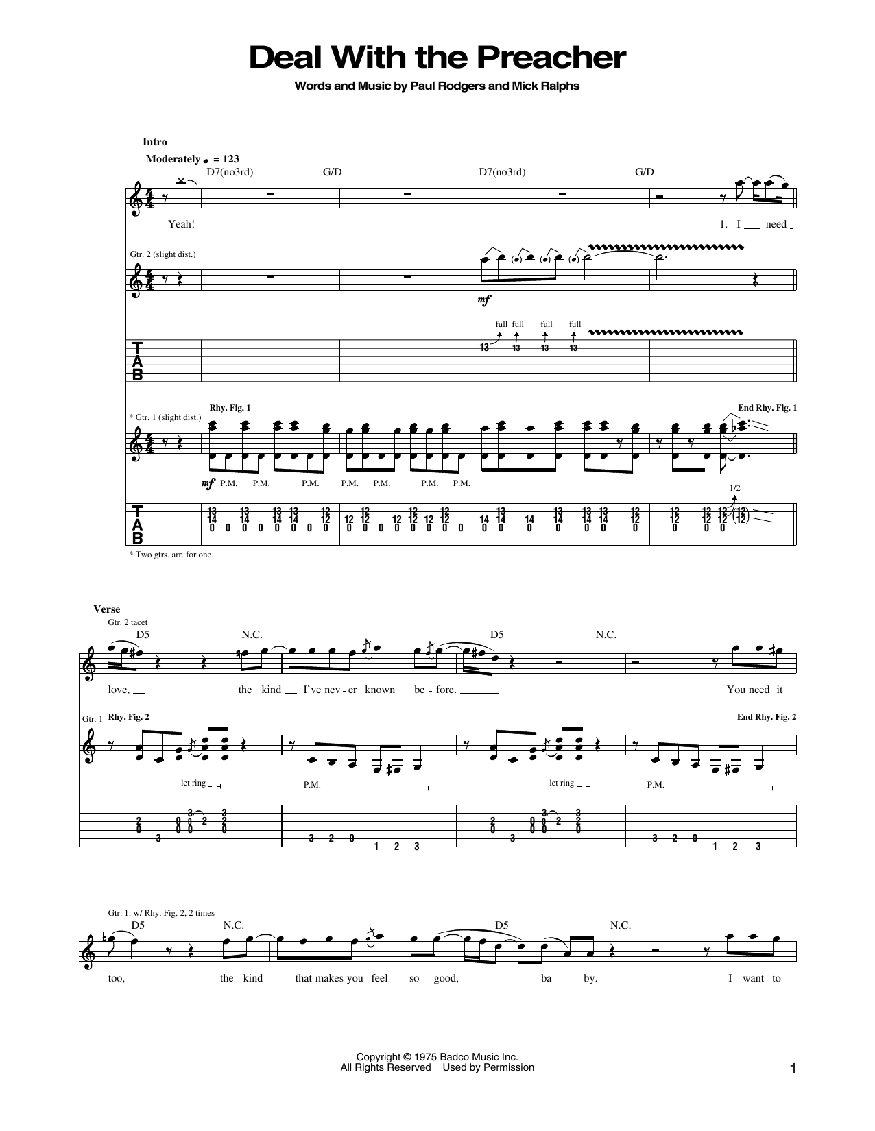 Download Bad Company Deal With The Preacher Sheet Music and learn how to play Guitar Tab PDF digital score in minutes