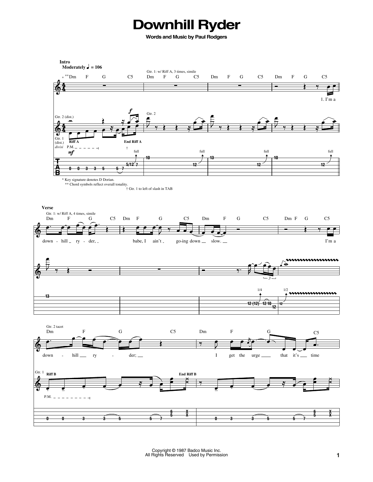 Download Bad Company Downhill Ryder Sheet Music and learn how to play Guitar Tab PDF digital score in minutes