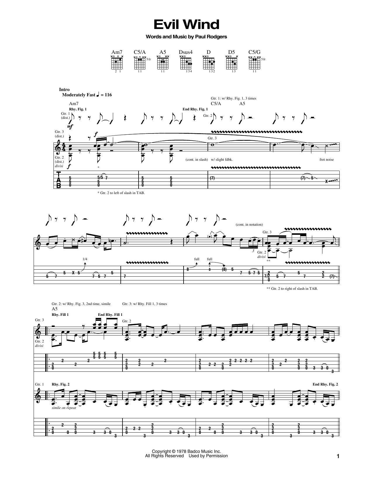 Download Bad Company Evil Wind Sheet Music and learn how to play Guitar Tab PDF digital score in minutes