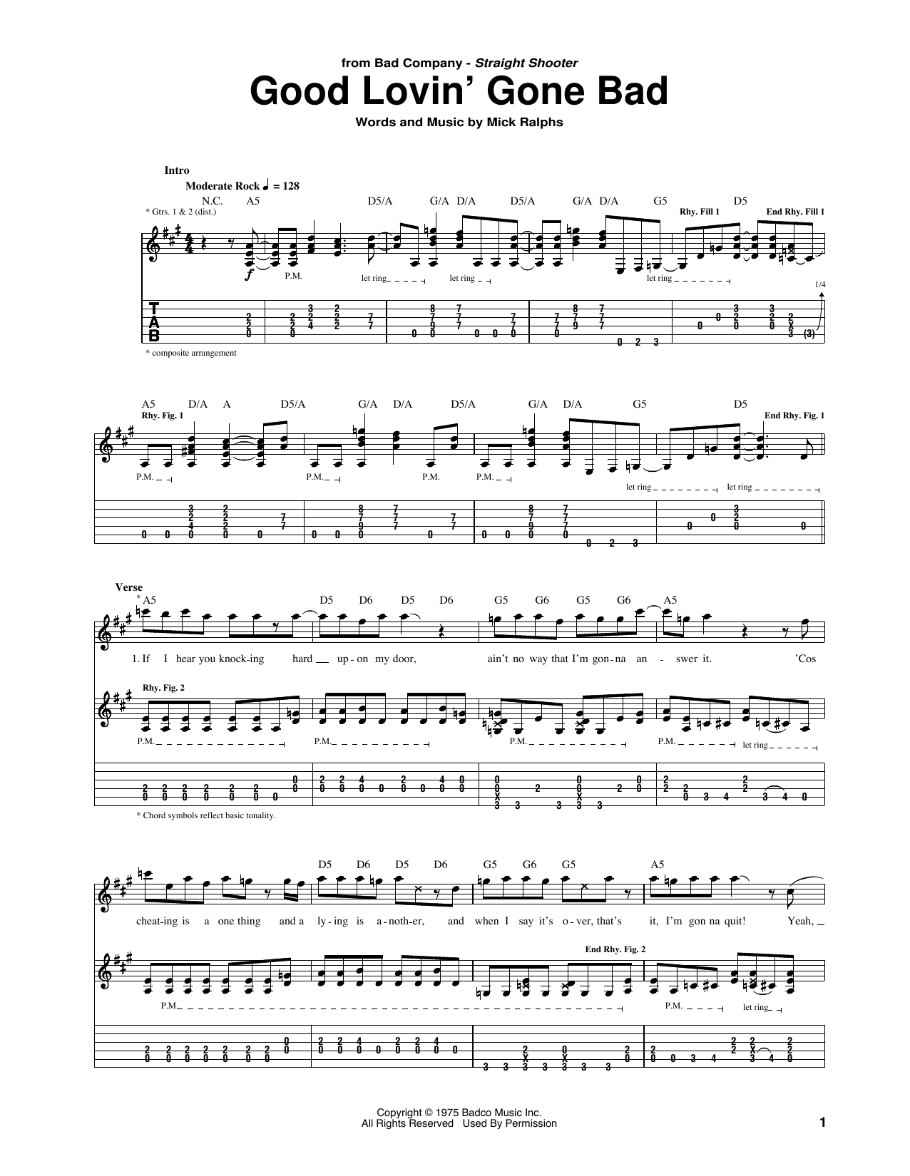 Download Bad Company Good Lovin' Gone Bad Sheet Music and learn how to play Guitar Tab PDF digital score in minutes