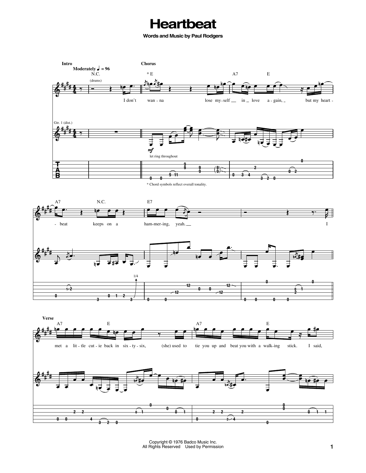 Download Bad Company Heartbeat Sheet Music and learn how to play Guitar Tab PDF digital score in minutes