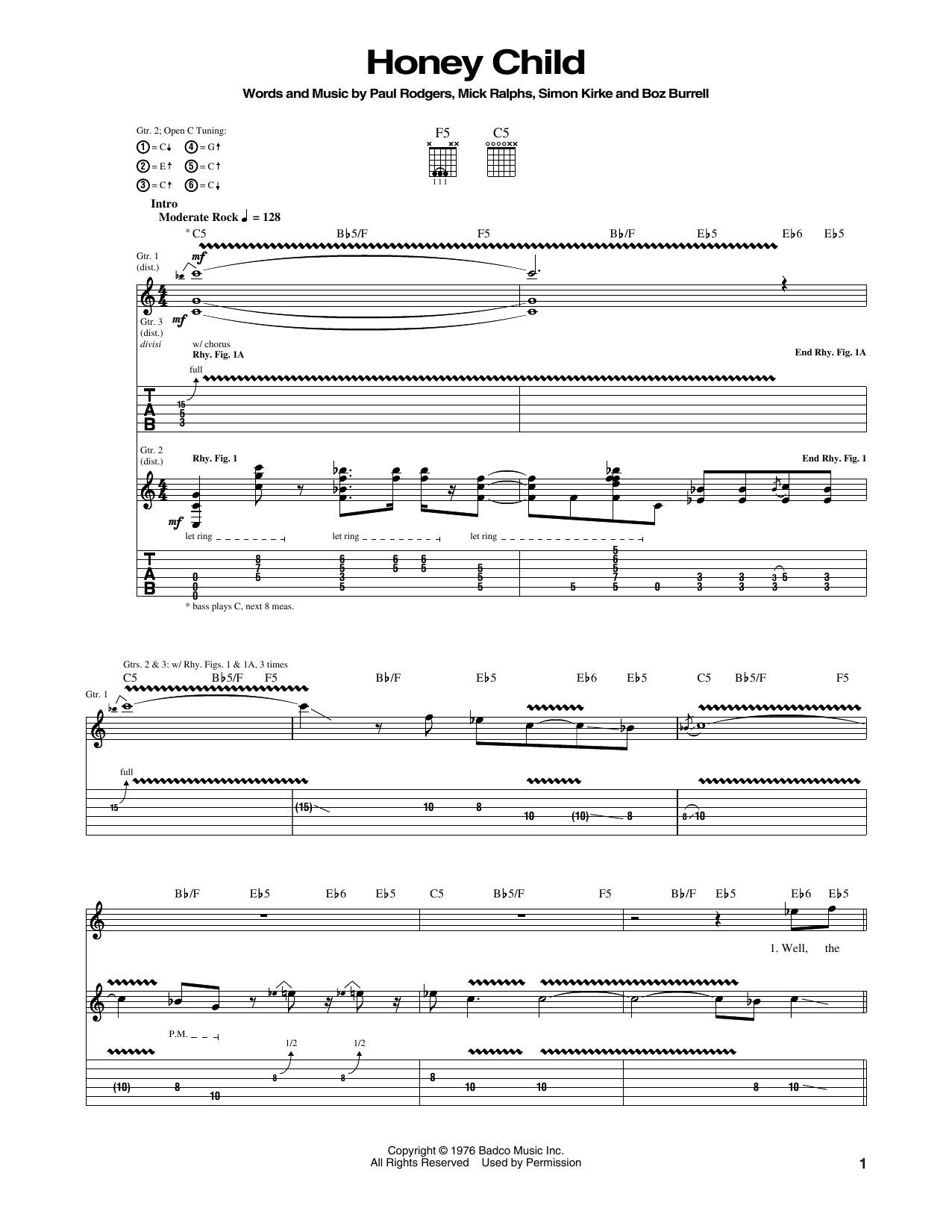 Download Bad Company Honey Child Sheet Music and learn how to play Guitar Tab PDF digital score in minutes