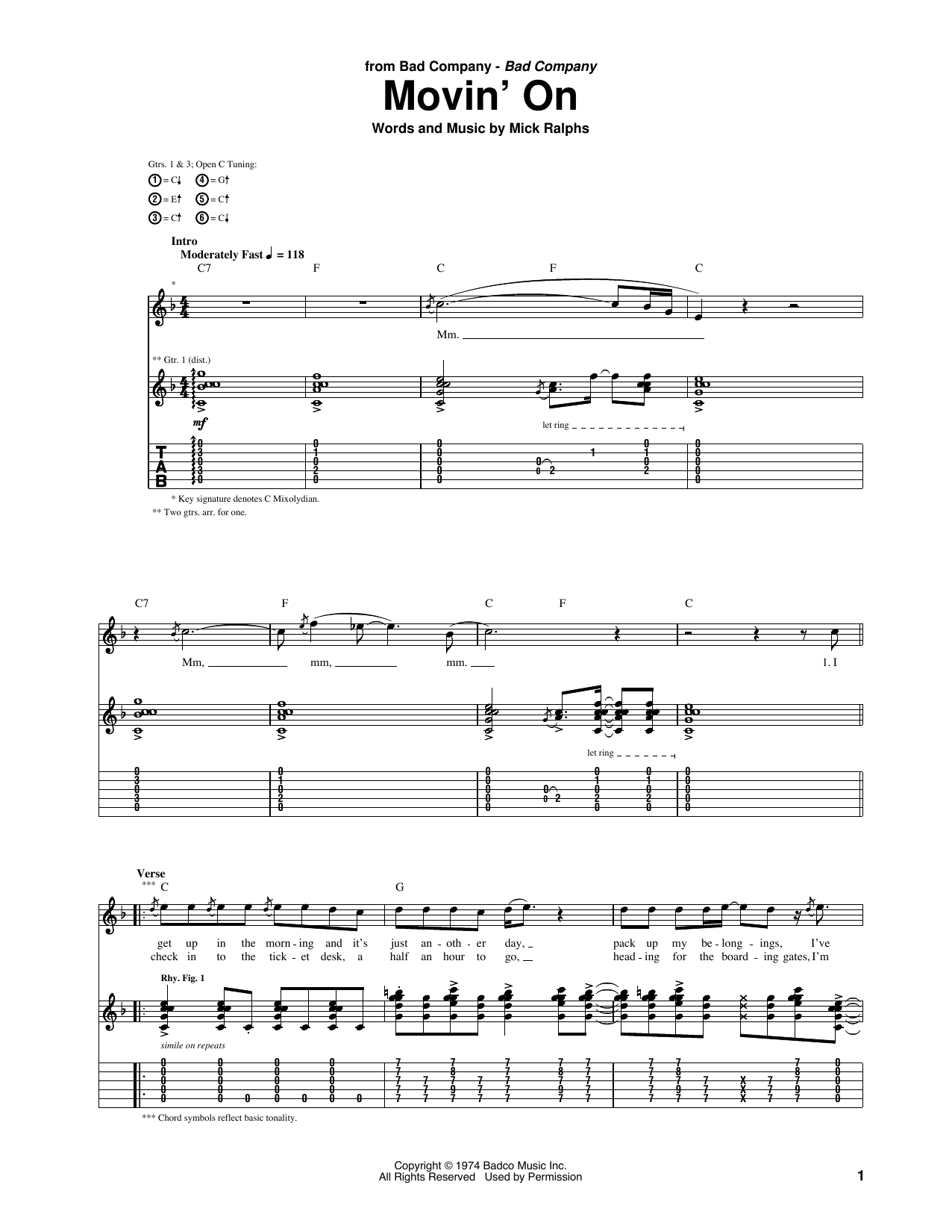 Download Bad Company Movin' On Sheet Music and learn how to play Guitar Tab PDF digital score in minutes