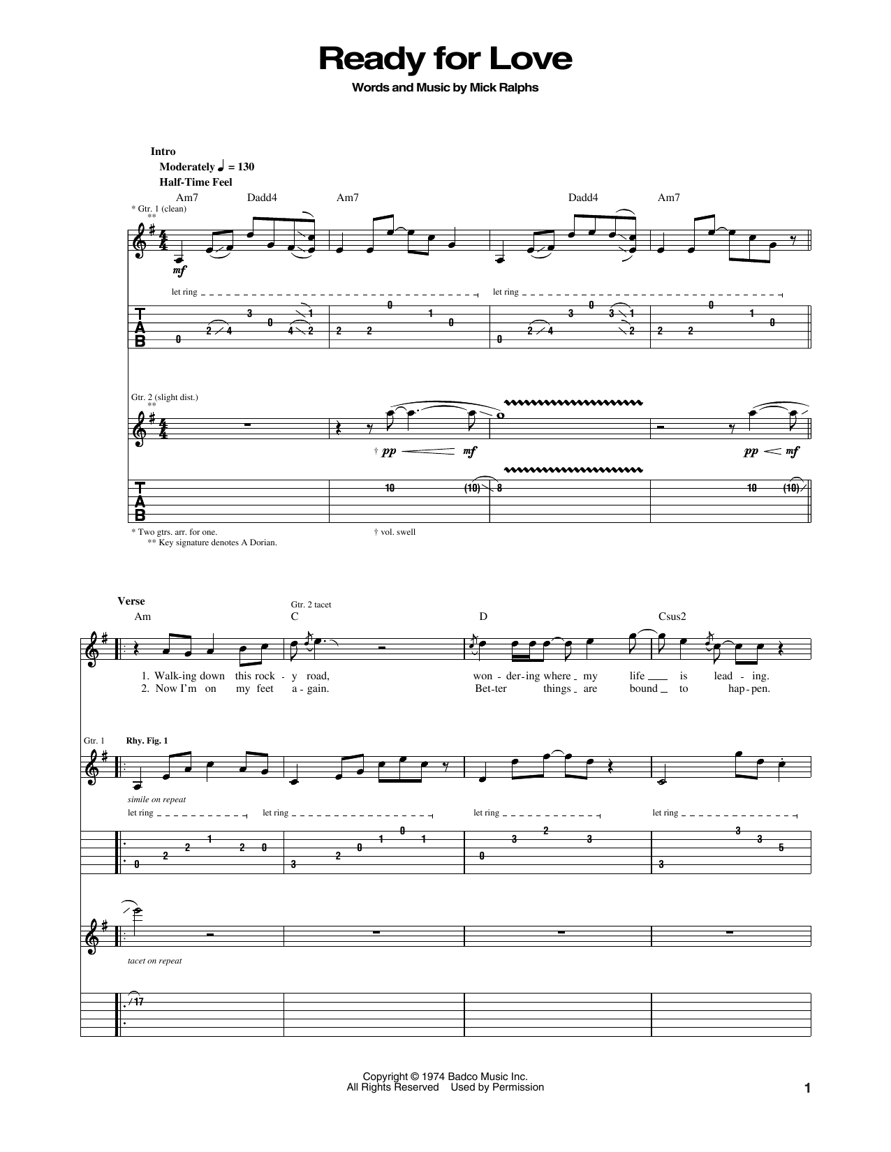 Download Bad Company Ready For Love Sheet Music and learn how to play Guitar Tab PDF digital score in minutes