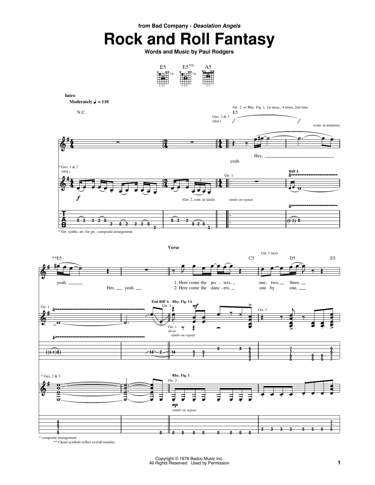 Download Bad Company Rock And Roll Fantasy Sheet Music and learn how to play Guitar Tab PDF digital score in minutes