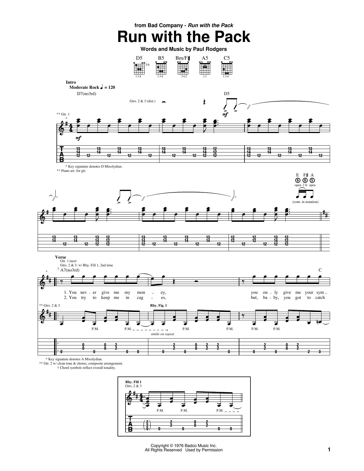 Download Bad Company Run With The Pack Sheet Music and learn how to play Guitar Tab PDF digital score in minutes