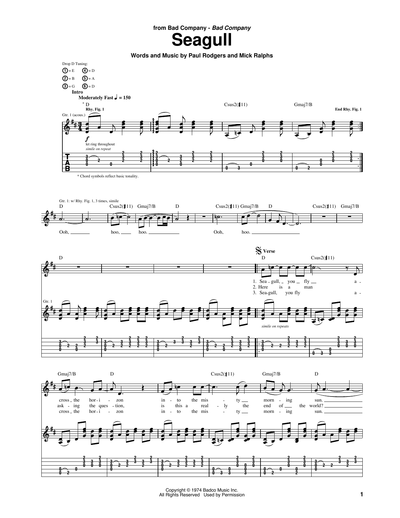 Download Bad Company Seagull Sheet Music and learn how to play Guitar Tab PDF digital score in minutes