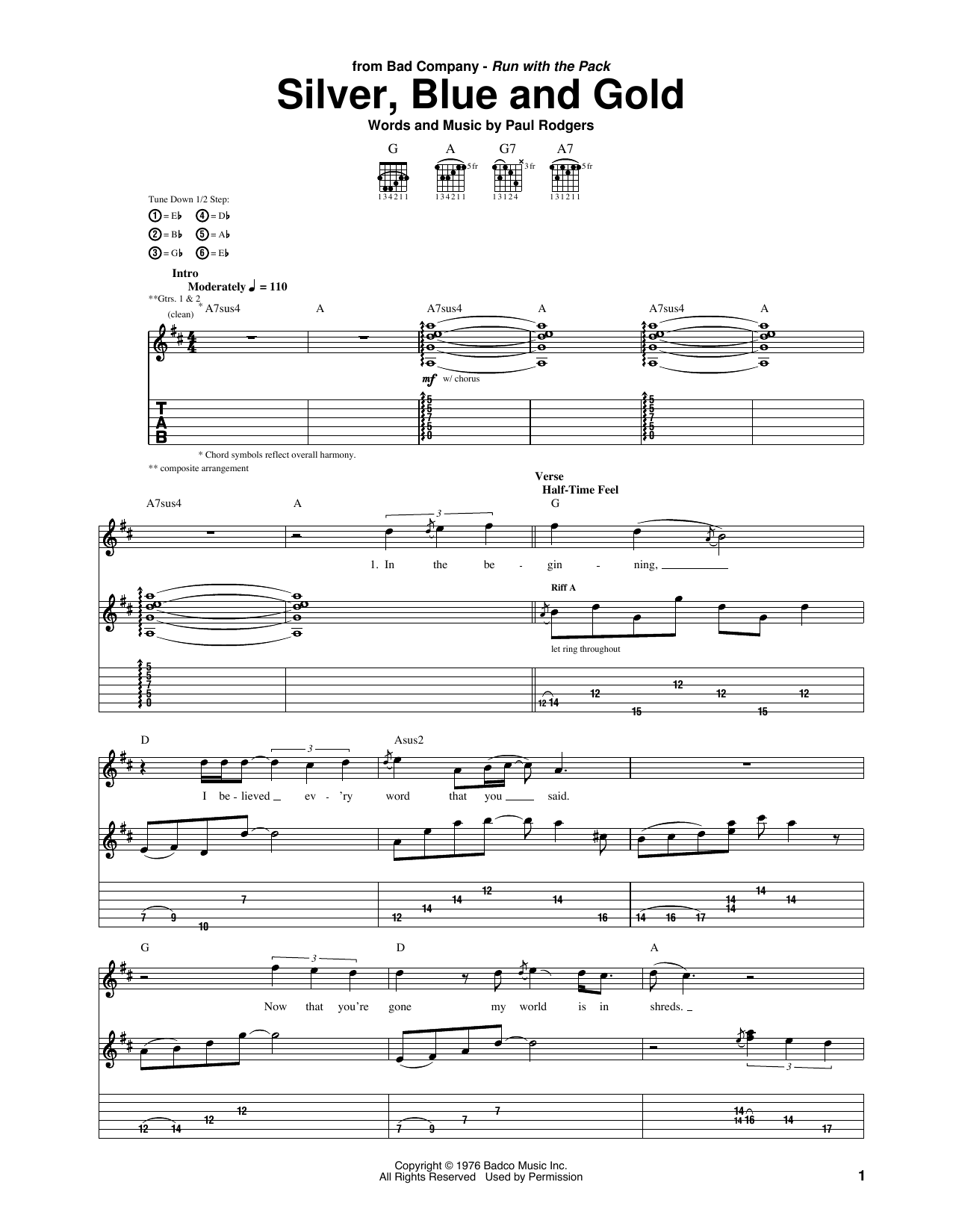 Download Bad Company Silver, Blue And Gold Sheet Music and learn how to play Guitar Tab PDF digital score in minutes