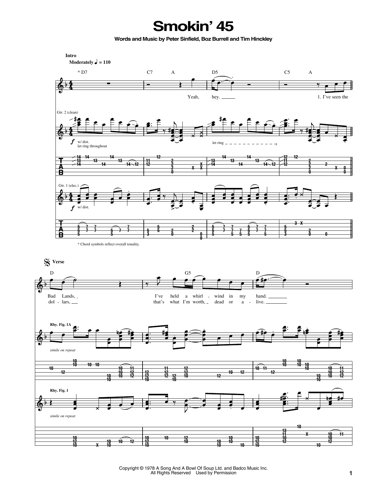 Download Bad Company Smokin' 45 Sheet Music and learn how to play Guitar Tab PDF digital score in minutes