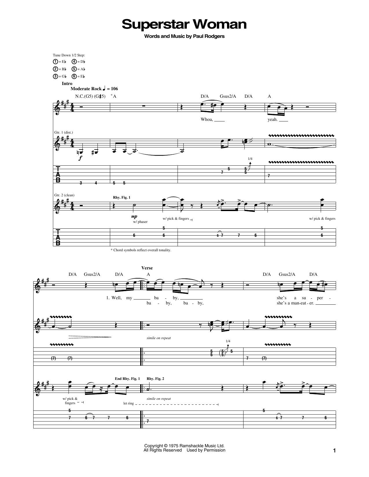 Download Bad Company Superstar Woman Sheet Music and learn how to play Guitar Tab PDF digital score in minutes