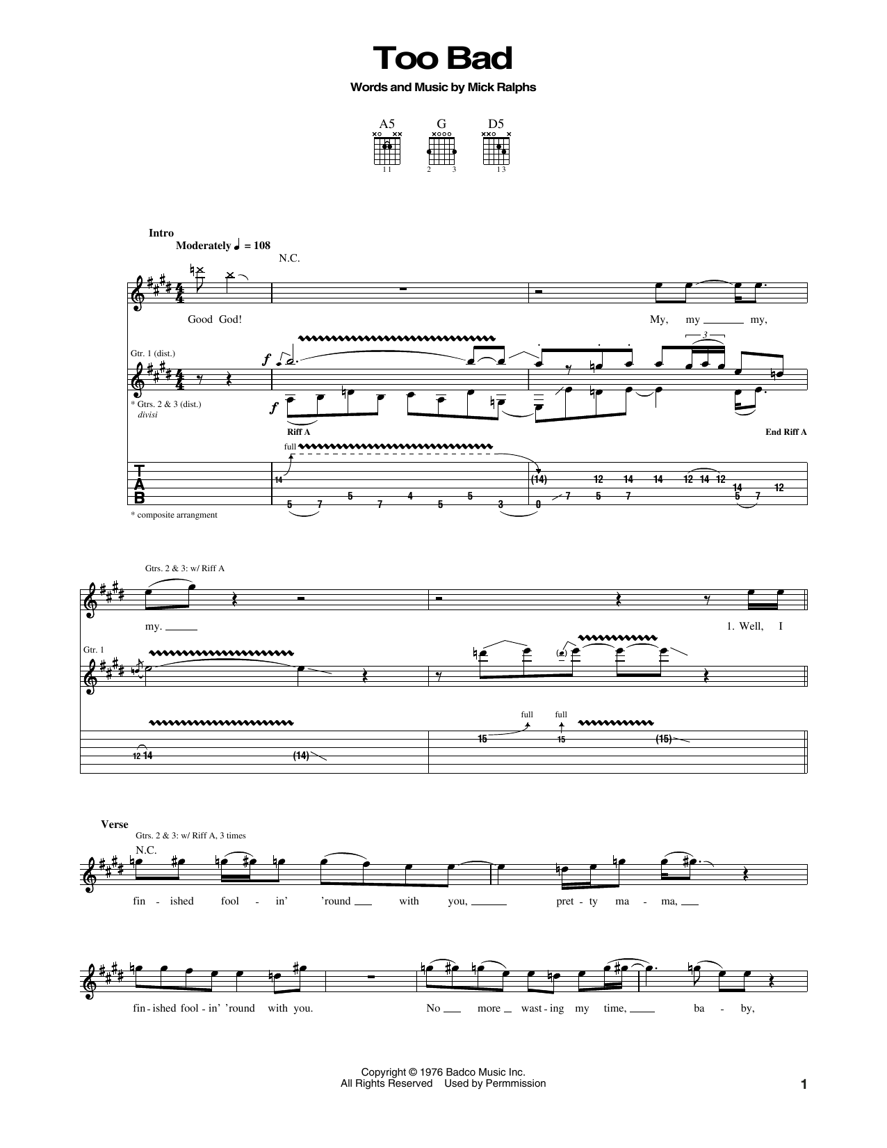 Download Bad Company Too Bad Sheet Music and learn how to play Guitar Tab PDF digital score in minutes