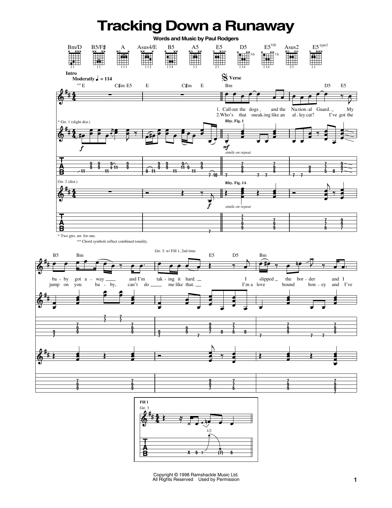 Download Bad Company Tracking Down A Runaway Sheet Music and learn how to play Guitar Tab PDF digital score in minutes