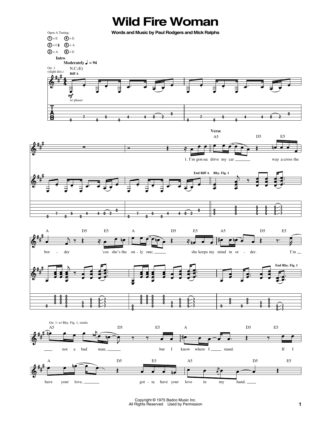 Download Bad Company Wild Fire Woman Sheet Music and learn how to play Guitar Tab PDF digital score in minutes