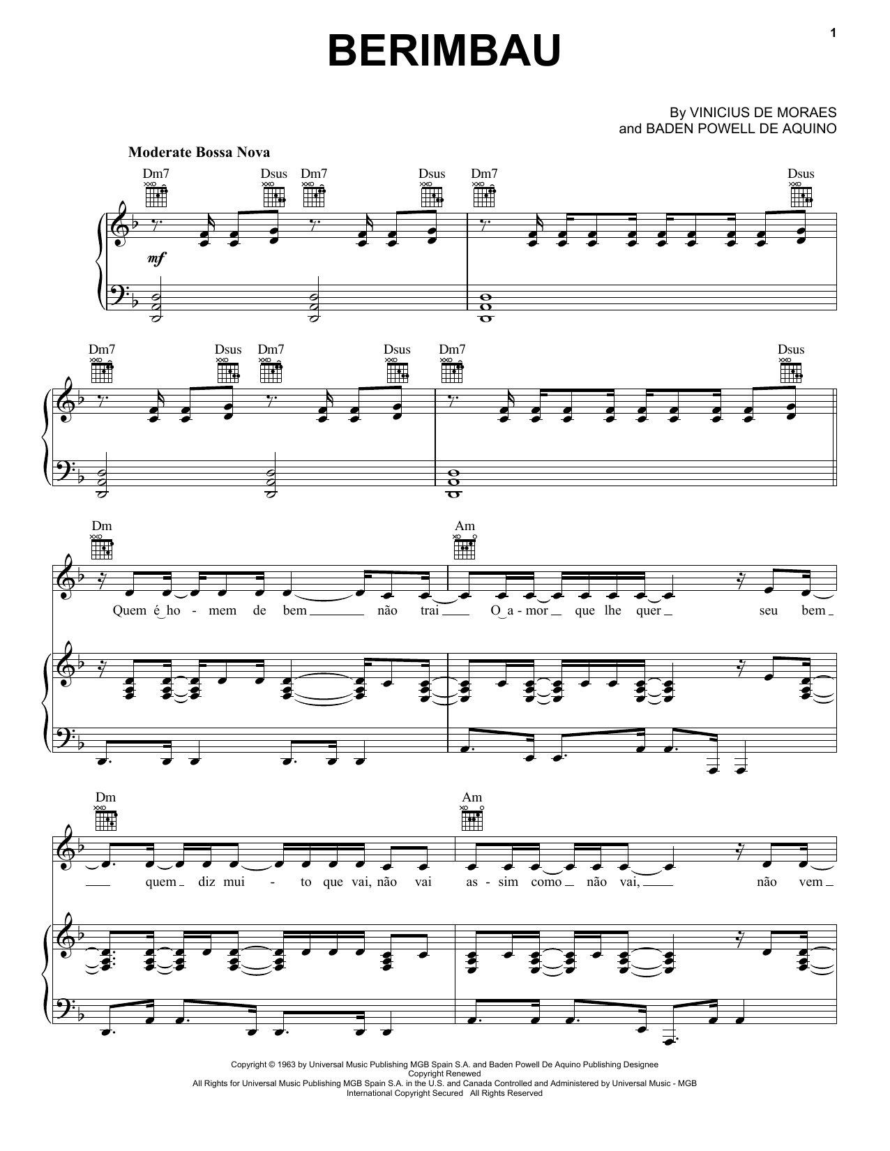 Download Baden Powell De Aquino Berimbau Sheet Music and learn how to play Piano, Vocal & Guitar (Right-Hand Melody) PDF digital score in minutes