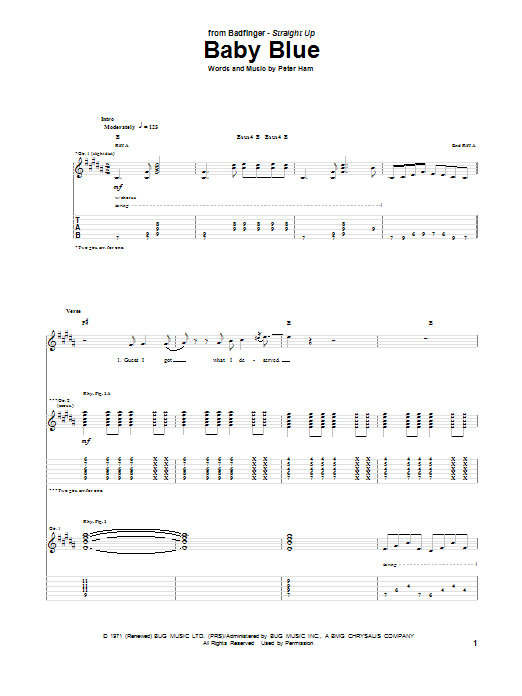 Download Badfinger Baby Blue Sheet Music and learn how to play Piano, Vocal & Guitar (Right-Hand Melody) PDF digital score in minutes