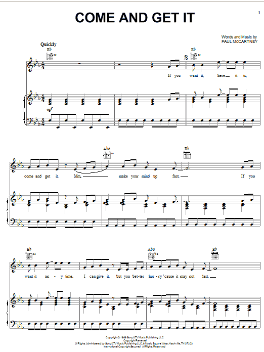 Download Badfinger Come And Get It Sheet Music and learn how to play Piano, Vocal & Guitar (Right-Hand Melody) PDF digital score in minutes