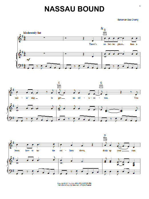 Download Bahaman Sea Chanty Nassau Bound Sheet Music and learn how to play Piano, Vocal & Guitar (Right-Hand Melody) PDF digital score in minutes