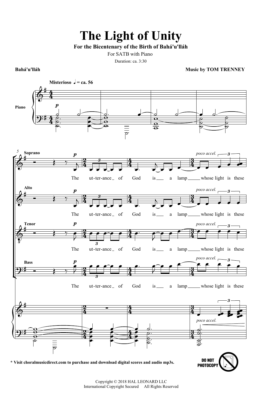 Download Baha''u''llah & Tom Trenney The Light Of Unity Sheet Music and learn how to play SATB Choir PDF digital score in minutes