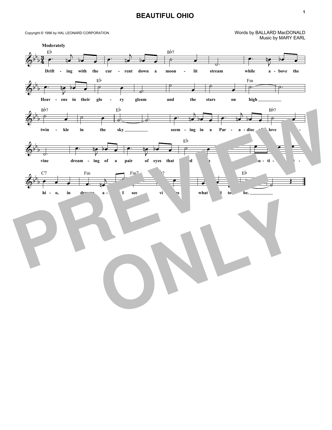 Download Ballard MacDonald Beautiful Ohio Sheet Music and learn how to play Melody Line, Lyrics & Chords PDF digital score in minutes