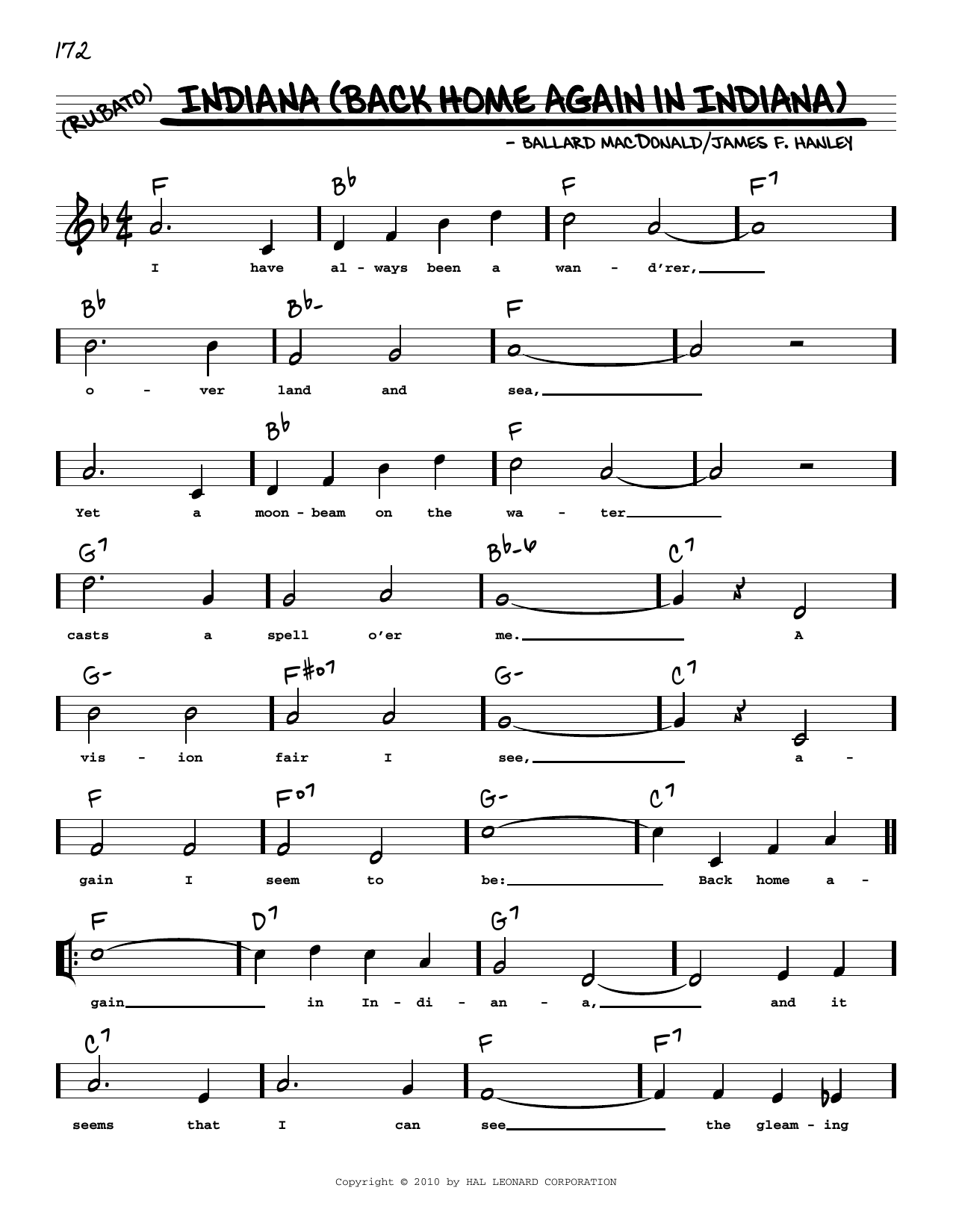 Download Ballard MacDonald Indiana (Back Home Again In Indiana) (arr. Robert Rawlins) Sheet Music and learn how to play Real Book – Melody, Lyrics & Chords PDF digital score in minutes