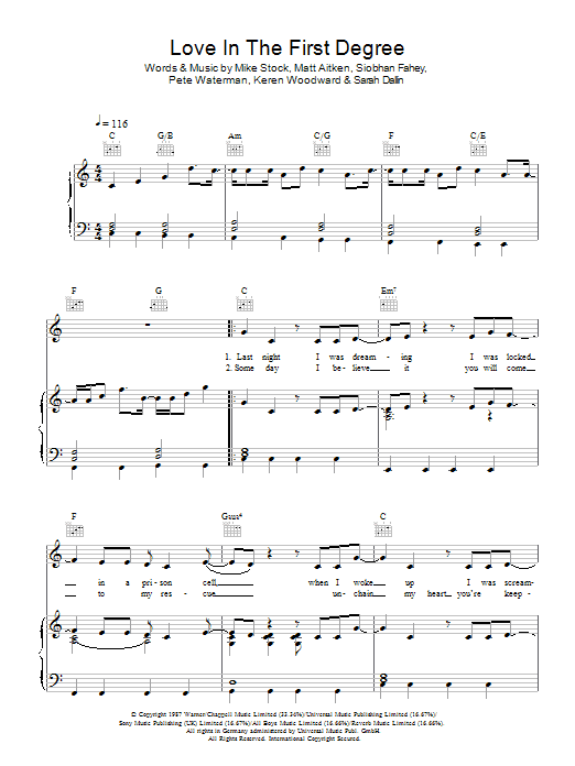 Download Bananarama Love In The First Degree Sheet Music and learn how to play Piano, Vocal & Guitar (Right-Hand Melody) PDF digital score in minutes