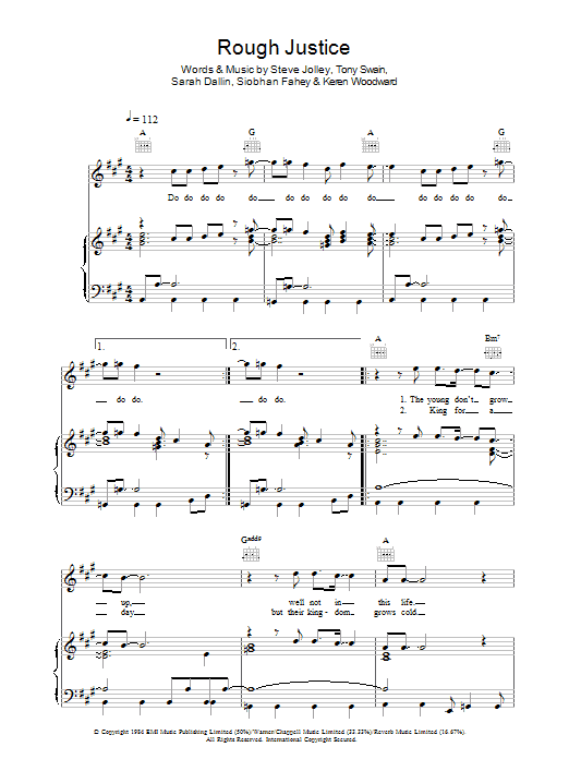 Download Bananarama Rough Justice Sheet Music and learn how to play Piano, Vocal & Guitar (Right-Hand Melody) PDF digital score in minutes