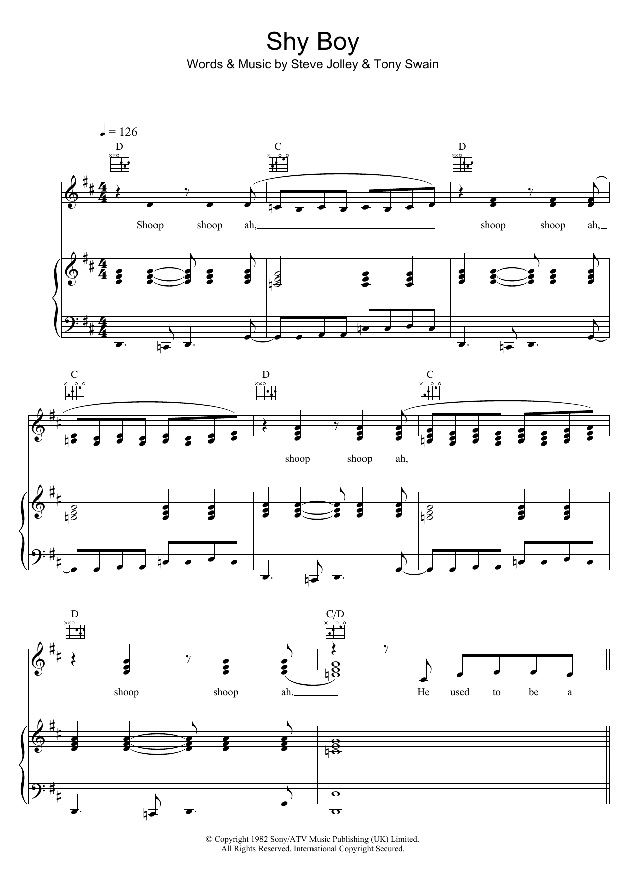 Download Bananarama Shy Boy Sheet Music and learn how to play Piano, Vocal & Guitar PDF digital score in minutes