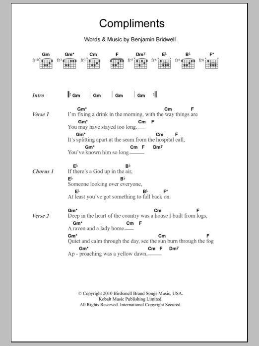 Download Band Of Horses Compliments Sheet Music and learn how to play Lyrics & Chords PDF digital score in minutes