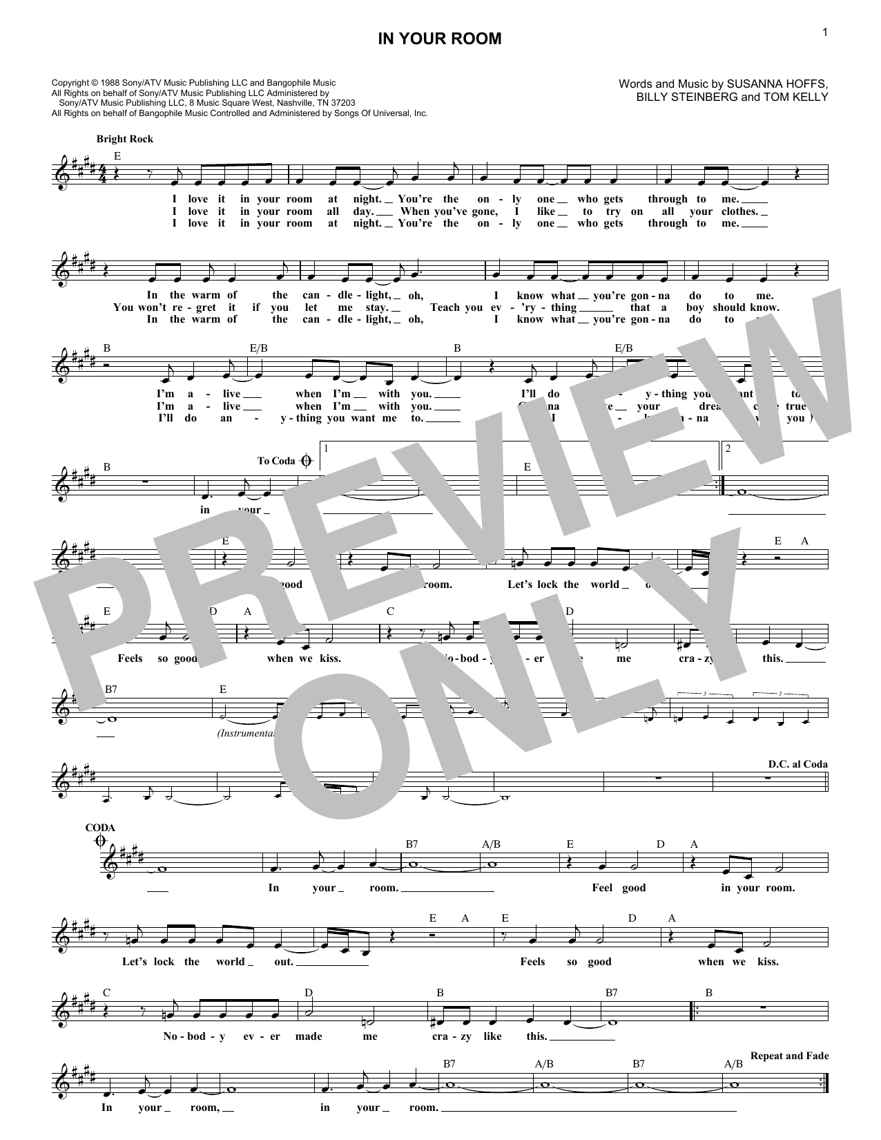 Download The Bangles In Your Room Sheet Music and learn how to play Melody Line, Lyrics & Chords PDF digital score in minutes