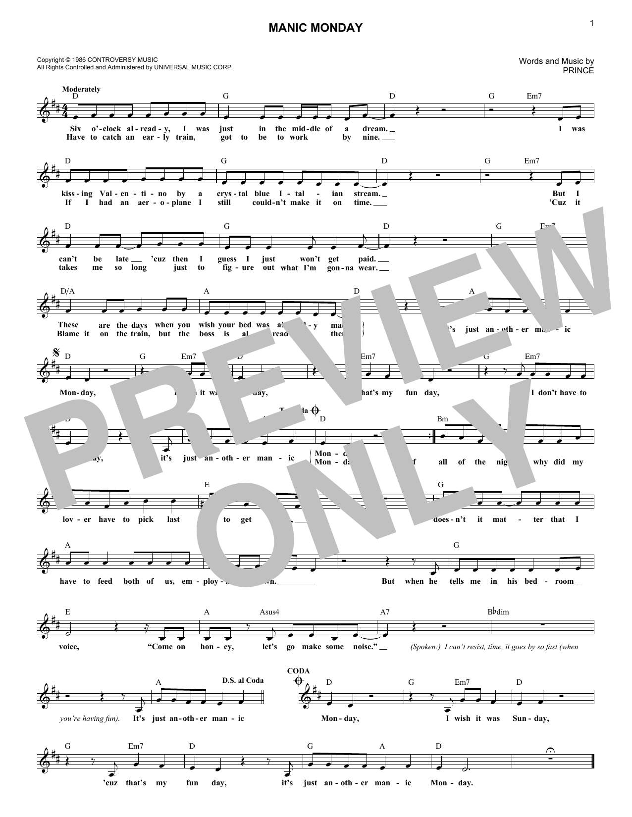 Download Bangles Manic Monday Sheet Music and learn how to play Melody Line, Lyrics & Chords PDF digital score in minutes
