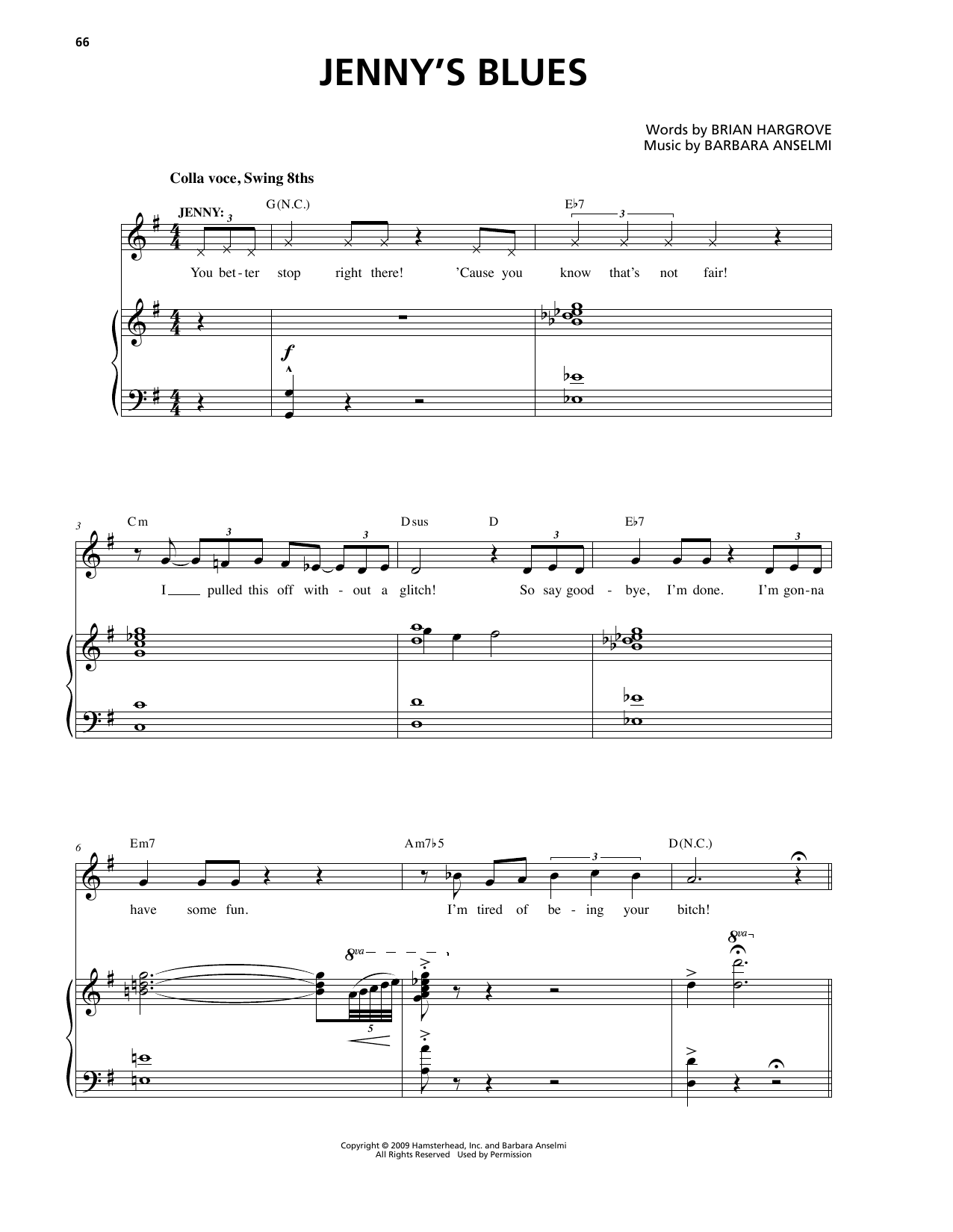 Download Barbara Anselmi & Brian Hargrove Jenny's Blues Sheet Music and learn how to play Piano & Vocal PDF digital score in minutes