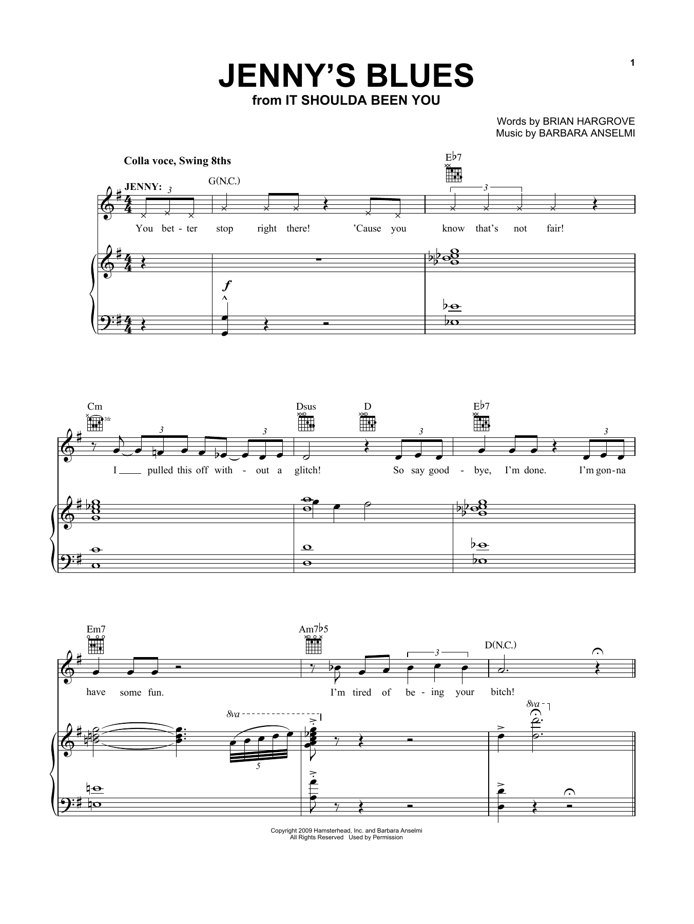 Download Barbara Anselmi and Brian Hargrove Jenny's Blues (from It Shoulda Been You) Sheet Music and learn how to play Vocal Pro + Piano/Guitar PDF digital score in minutes