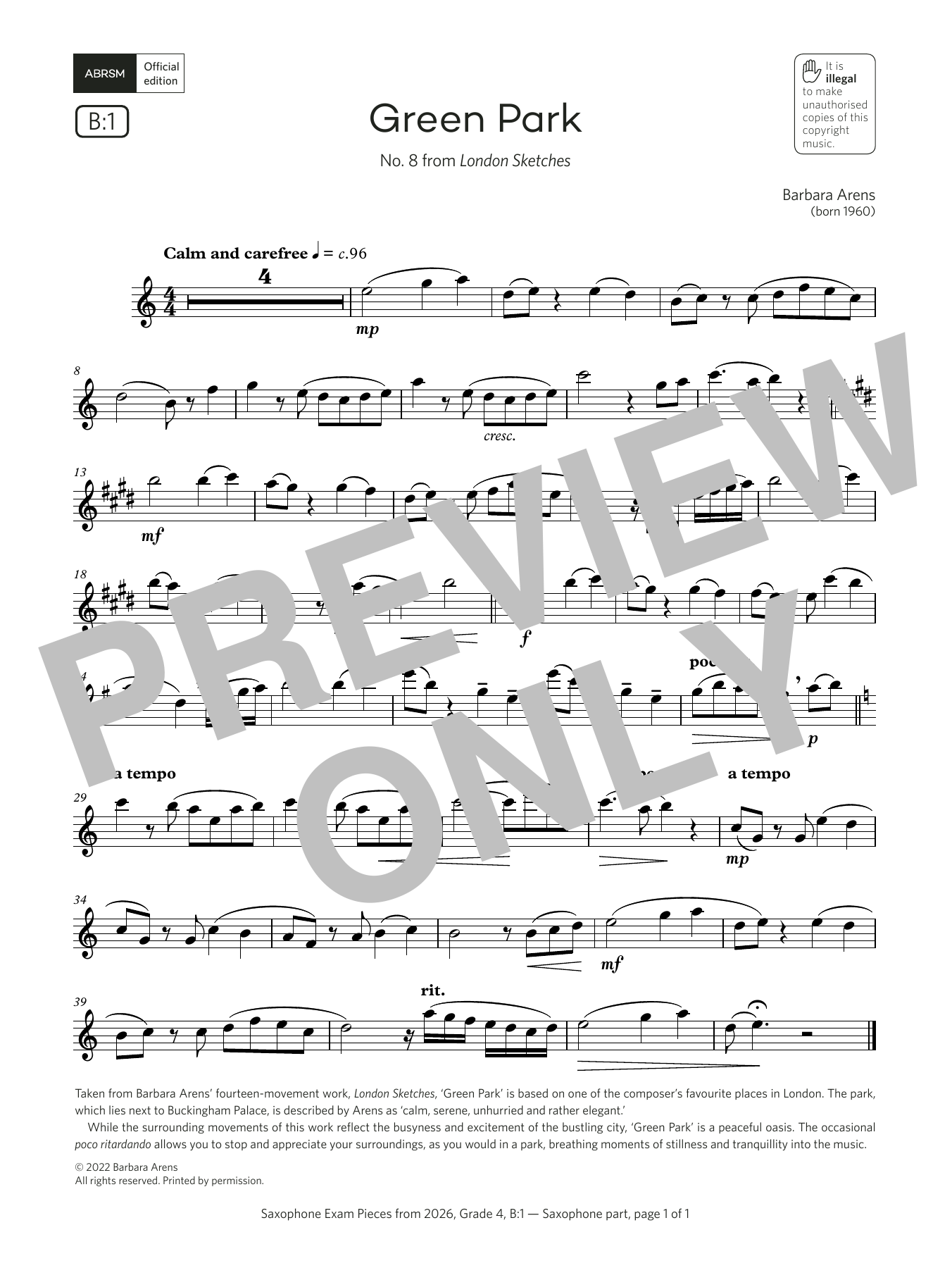 Download Barbara Arens Green Park (Grade 4, list B1, from the ABRSM Saxophone Syllabus from 2026) Sheet Music and learn how to play Alto Sax Solo PDF digital score in minutes