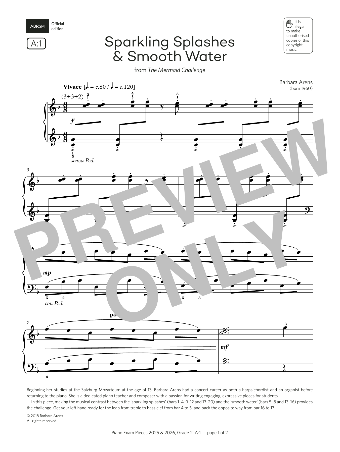 Download Barbara Arens Sparkling Splashes & Smooth Water (Grade 2, list A1, from the ABRSM Piano Syllab Sheet Music and learn how to play Piano Solo PDF digital score in minutes