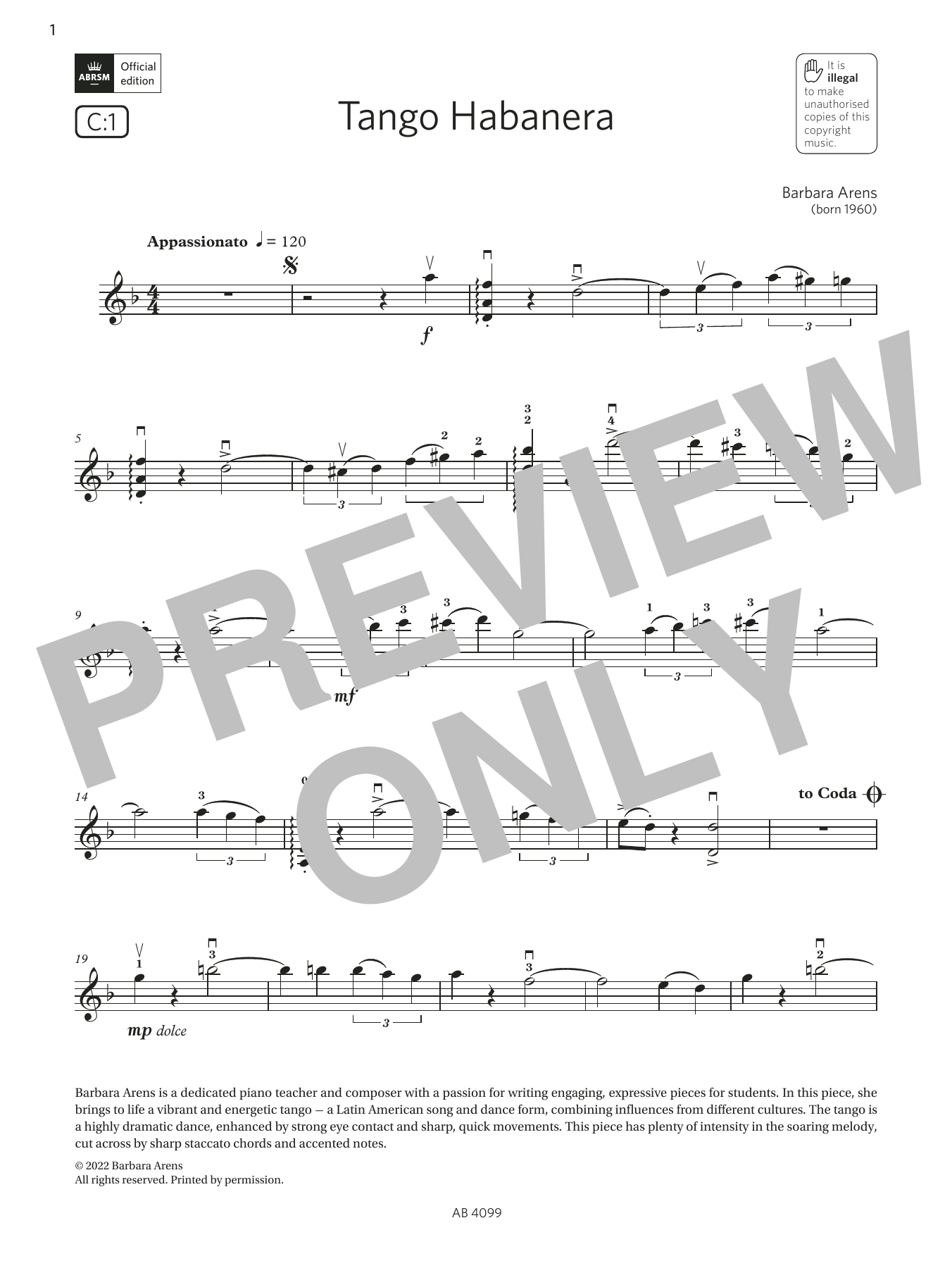 Download Barbara Arens Tango Habanera (Grade 5, C1, from the ABRSM Violin Syllabus from 2024) Sheet Music and learn how to play Violin Solo PDF digital score in minutes