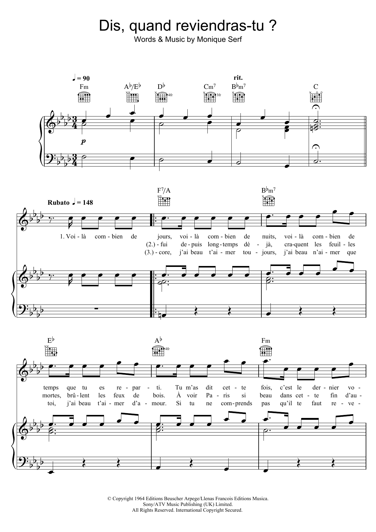 Download Barbara Dis, Quand Reviendras Tu ? Sheet Music and learn how to play Piano, Vocal & Guitar (Right-Hand Melody) PDF digital score in minutes