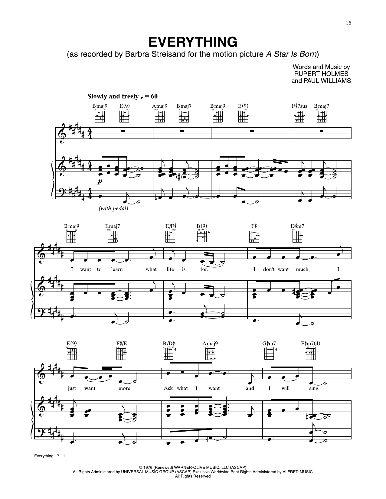 Download Barbra Streisand Everything (from A Star Is Born) Sheet Music and learn how to play Piano, Vocal & Guitar Chords (Right-Hand Melody) PDF digital score in minutes