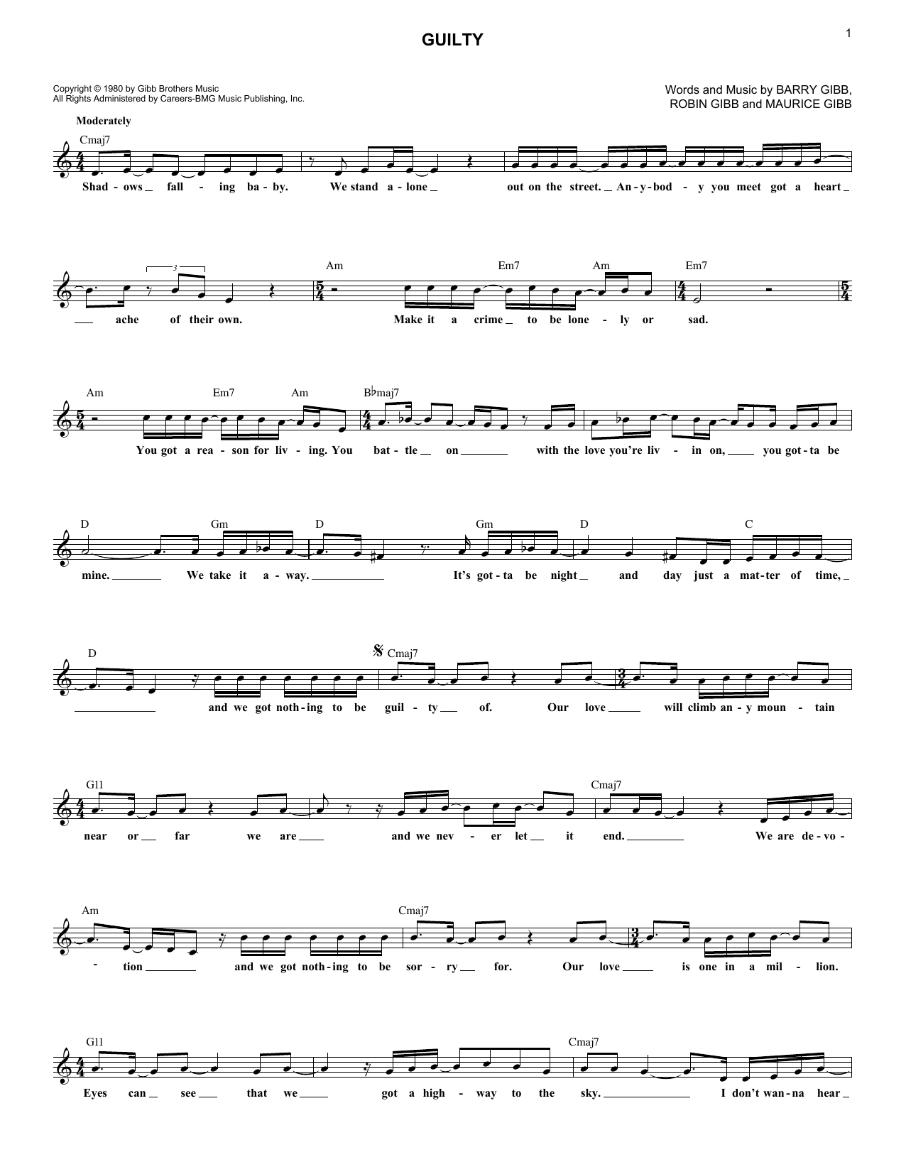 Download Barbra Streisand Guilty Sheet Music and learn how to play Melody Line, Lyrics & Chords PDF digital score in minutes