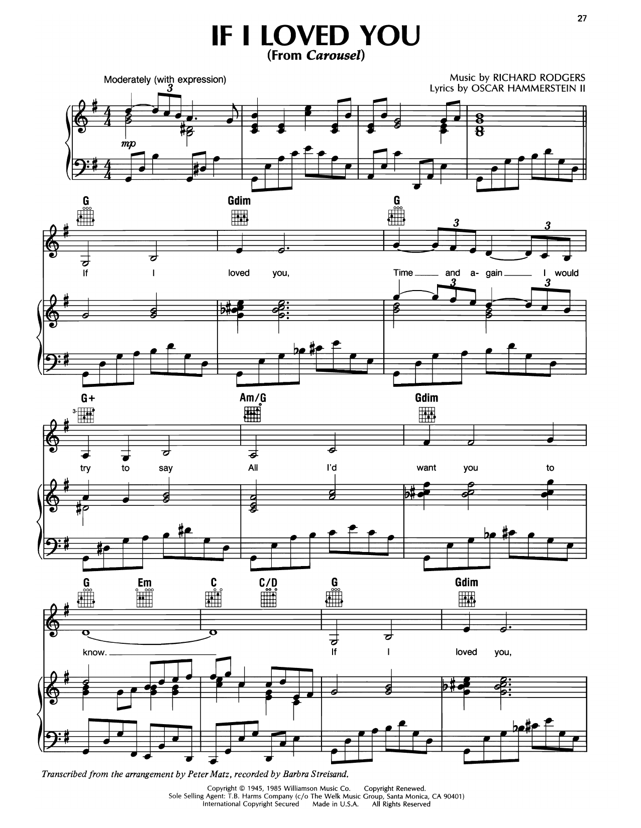 Download Barbra Streisand If I Loved You Sheet Music and learn how to play Piano, Vocal & Guitar Chords (Right-Hand Melody) PDF digital score in minutes