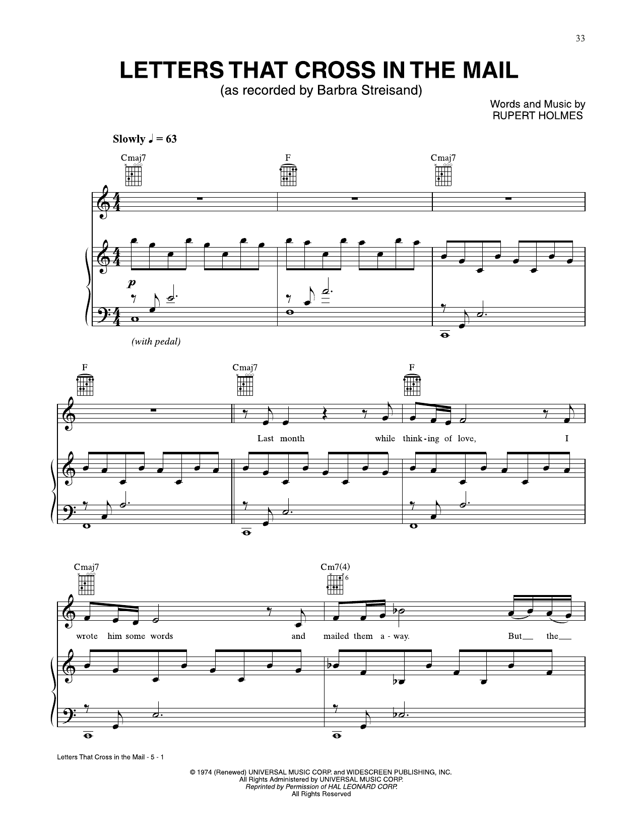 Download Barbra Streisand Letters That Cross In The Mail Sheet Music and learn how to play Piano, Vocal & Guitar Chords (Right-Hand Melody) PDF digital score in minutes