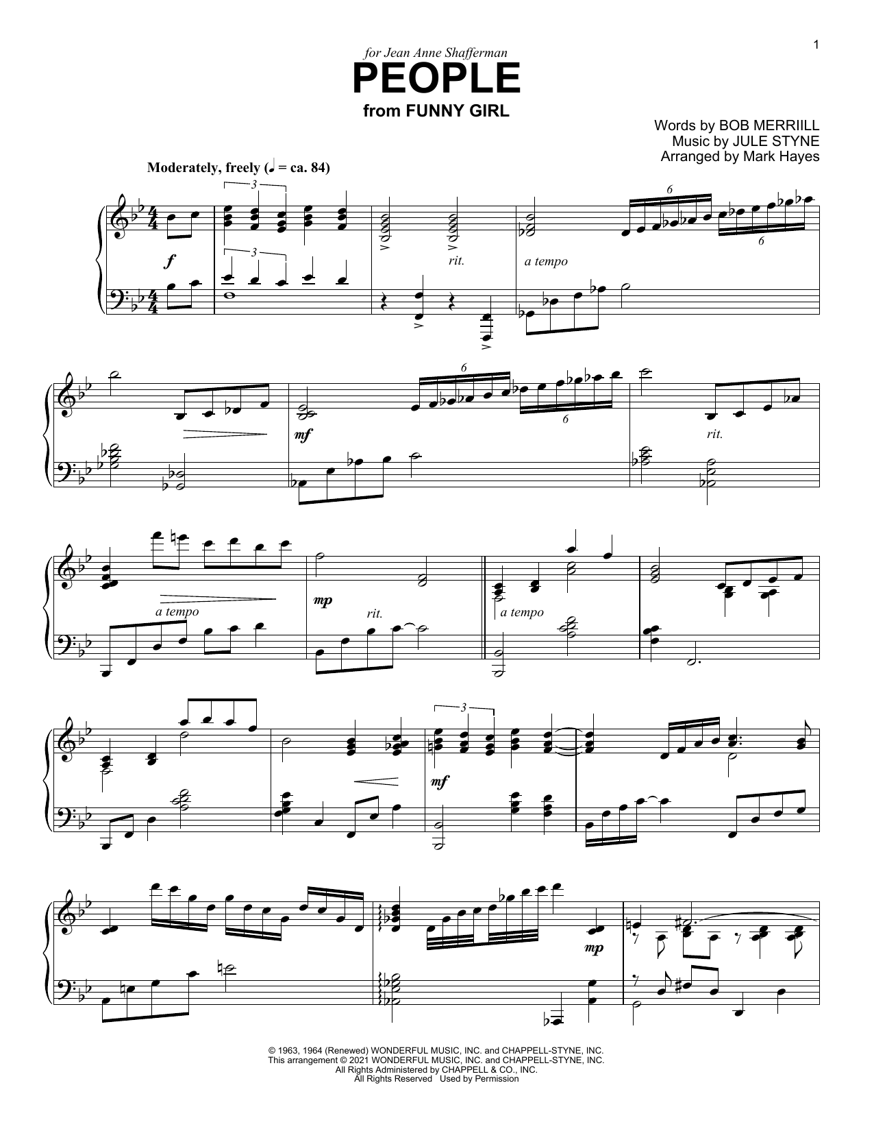 Download Barbra Streisand People (from Funny Girl) (arr. Mark Hayes) Sheet Music and learn how to play Piano Solo PDF digital score in minutes