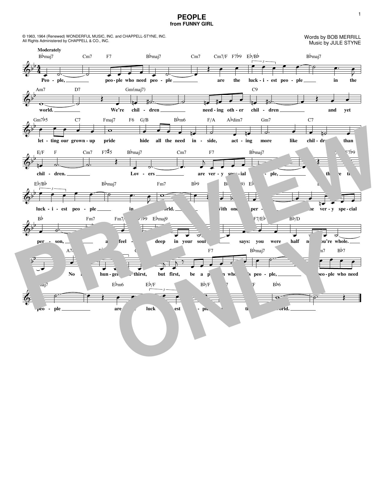 Download Barbra Streisand People (from Funny Girl) Sheet Music and learn how to play 5-Finger Piano PDF digital score in minutes