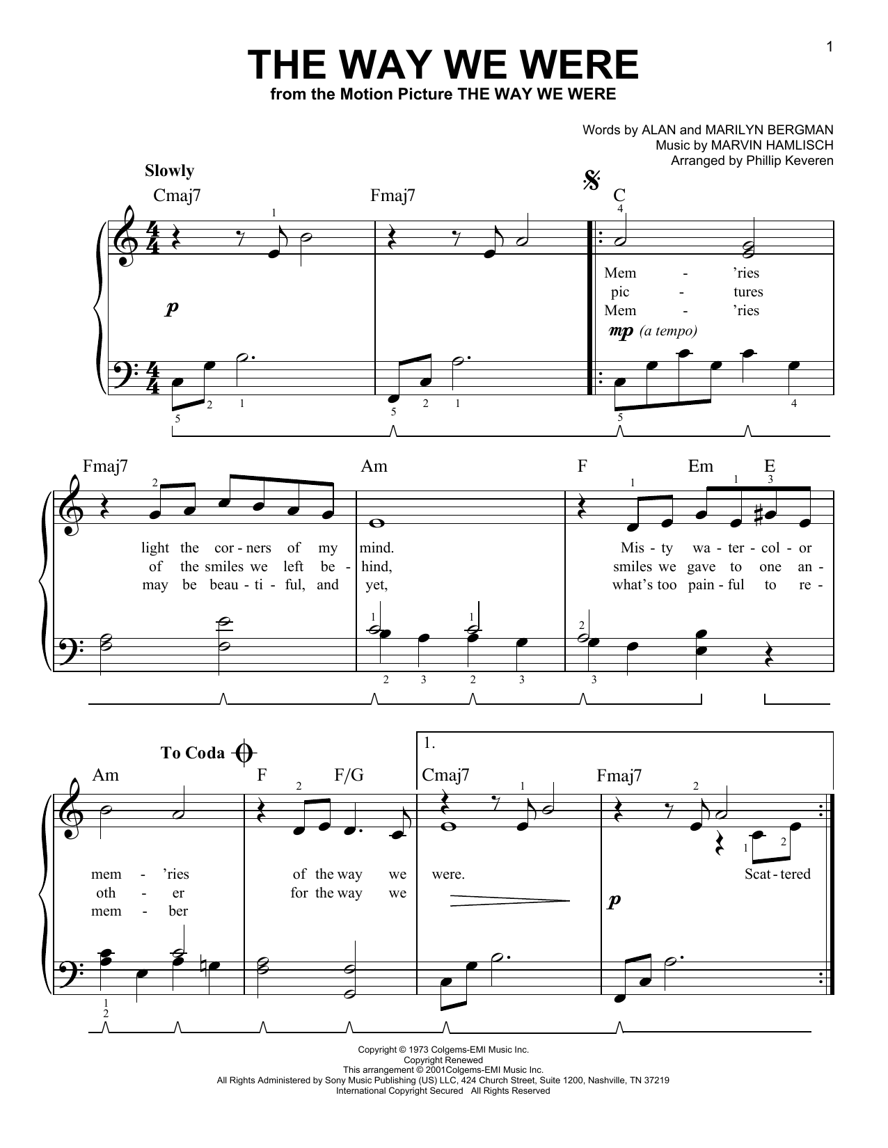 Download Barbra Streisand The Way We Were (arr. Phillip Keveren) Sheet Music and learn how to play Easy Piano PDF digital score in minutes