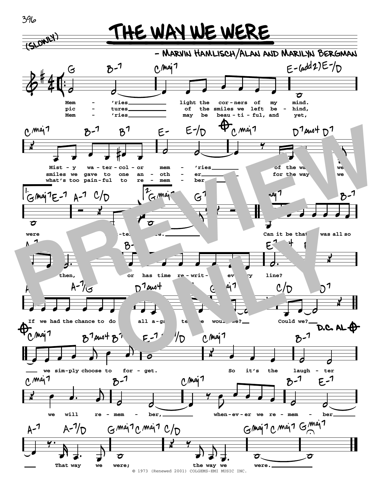 Download Barbra Streisand The Way We Were (Low Voice) Sheet Music and learn how to play Real Book – Melody, Lyrics & Chords PDF digital score in minutes