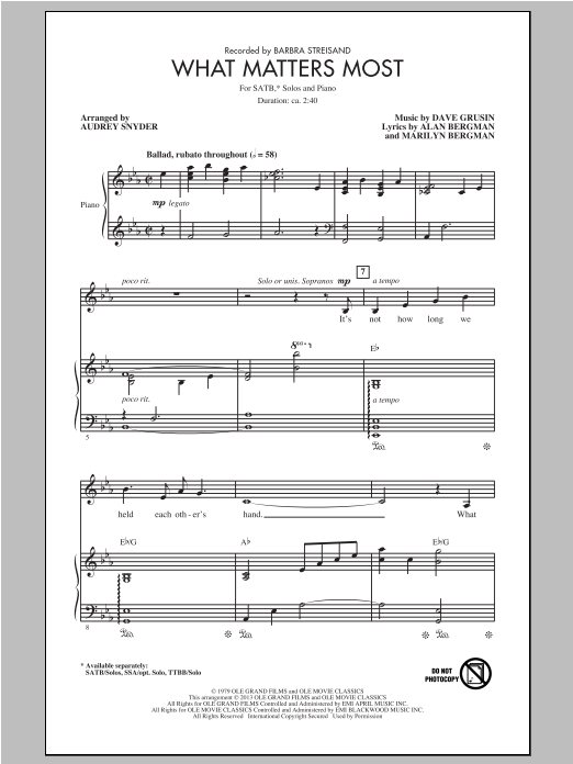 Download Barbra Streisand What Matters Most (arr. Audrey Snyder) Sheet Music and learn how to play SATB PDF digital score in minutes