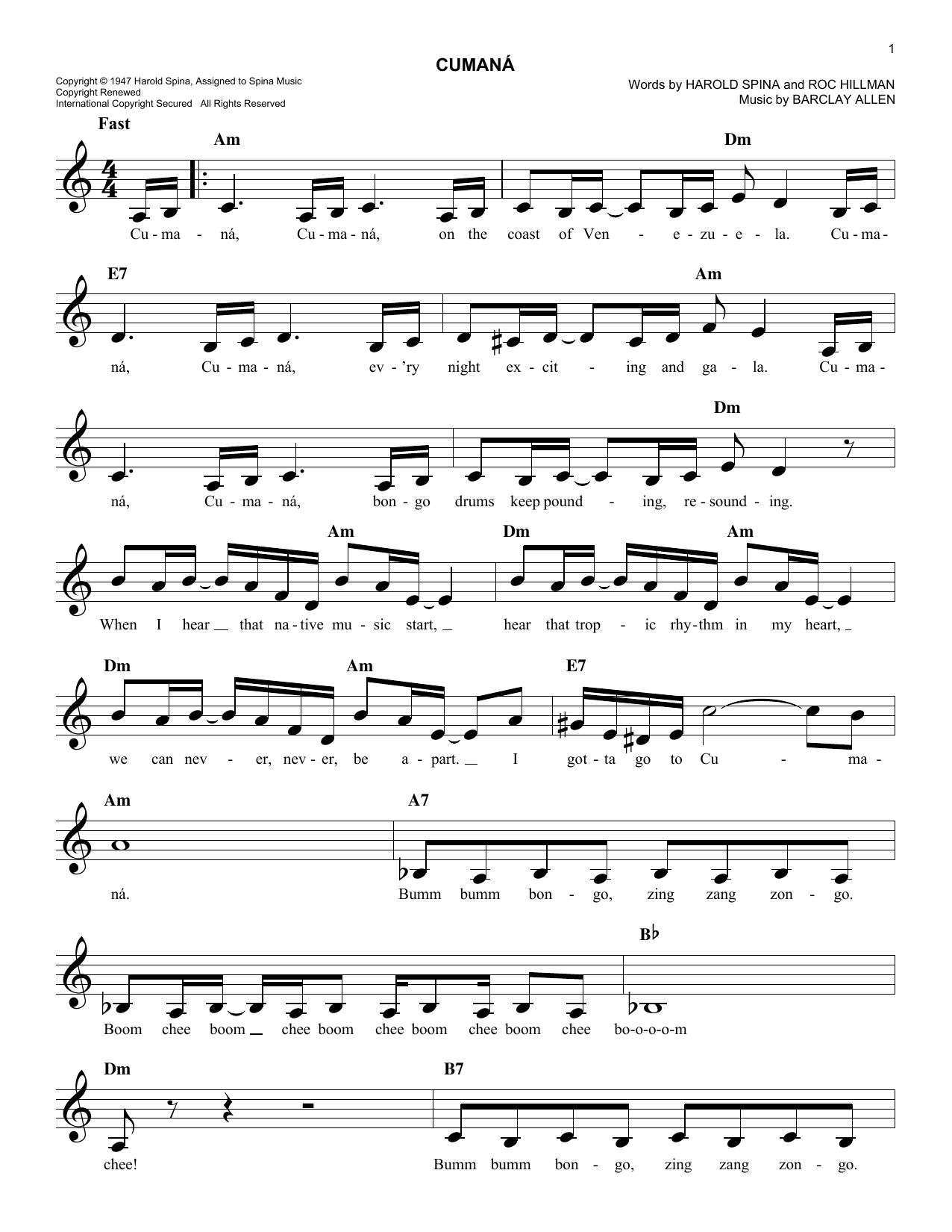 Download Barclay Allen Cumana Sheet Music and learn how to play Melody Line, Lyrics & Chords PDF digital score in minutes