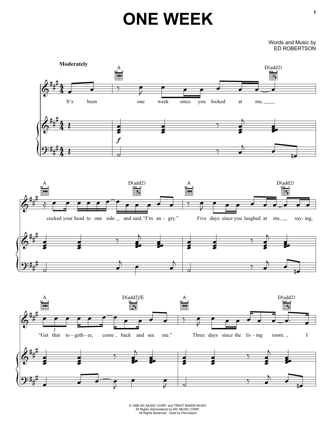 Download Barenaked Ladies One Week Sheet Music and learn how to play Piano, Vocal & Guitar (Right-Hand Melody) PDF digital score in minutes