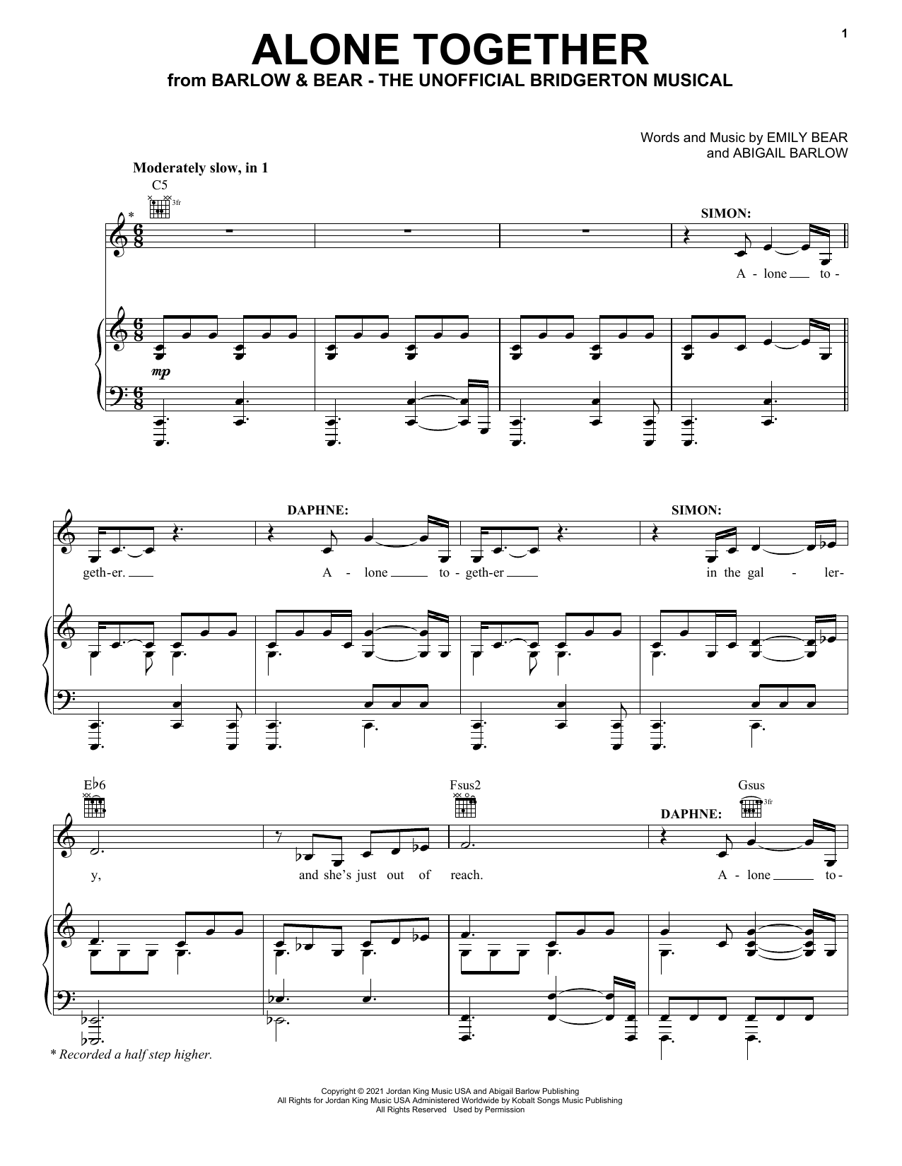 Download Barlow & Bear Alone Together (from The Unofficial Bridgerton Musical) Sheet Music and learn how to play Piano, Vocal & Guitar Chords (Right-Hand Melody) PDF digital score in minutes