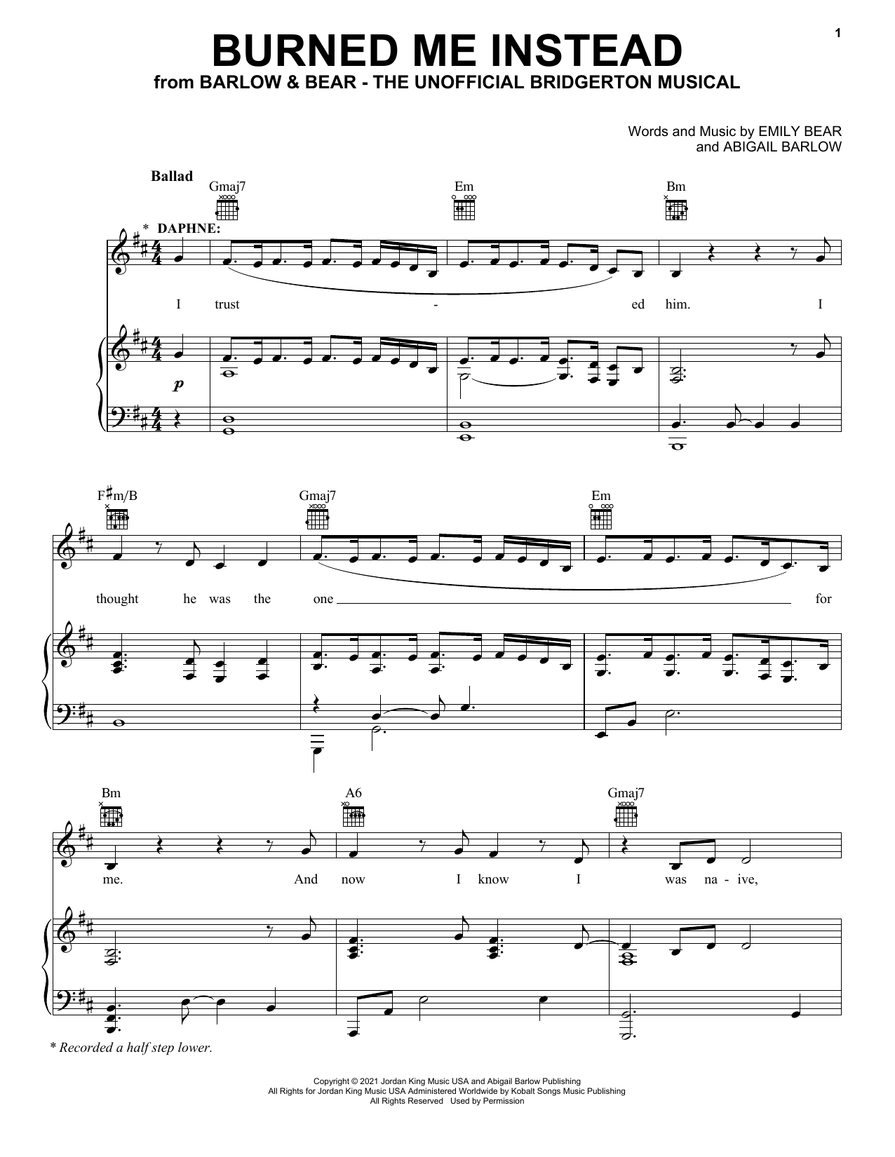 Download Barlow & Bear Burned Me Instead (from The Unofficial Bridgerton Musical) Sheet Music and learn how to play Piano, Vocal & Guitar Chords (Right-Hand Melody) PDF digital score in minutes